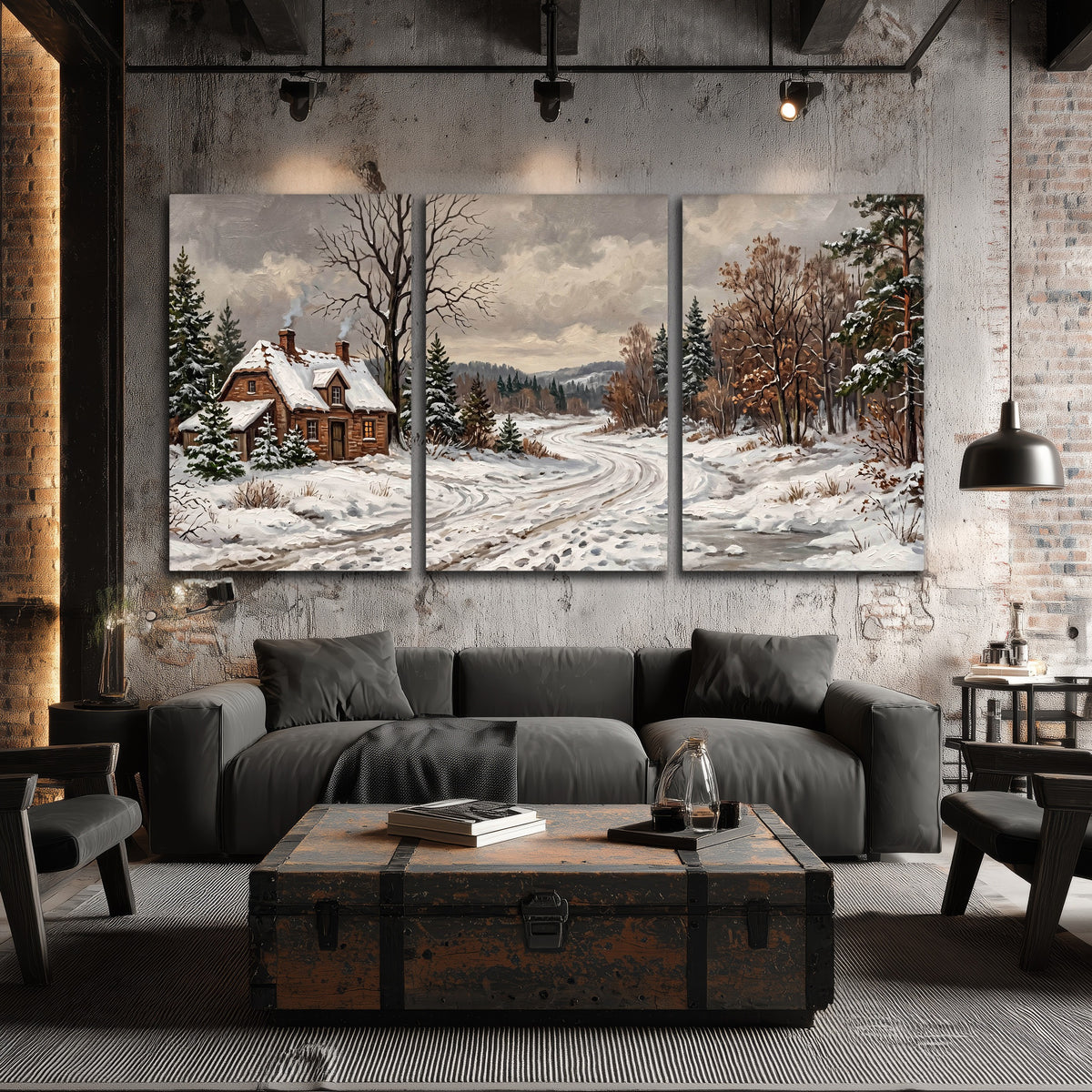 Snowy cottage winter landscape painting 3 piece canvas wall art in an industrial loft