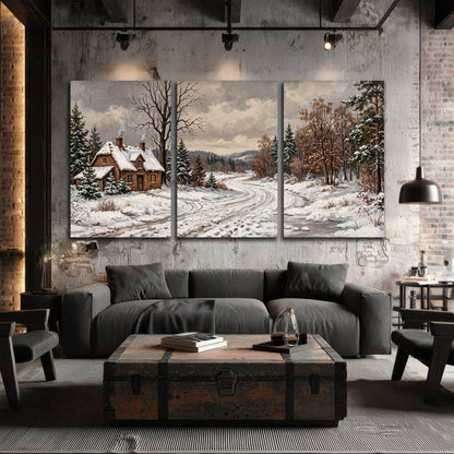 Snowy cottage winter landscape painting 3 piece canvas wall art in an industrial loft
