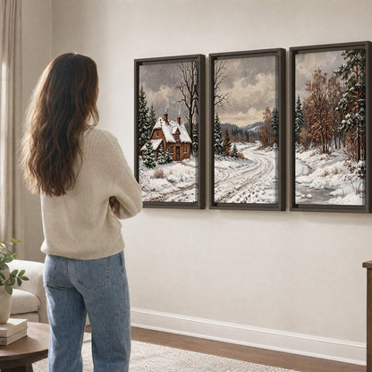 Snowy cottage winter landscape painting 3 piece framed canvas in a living room