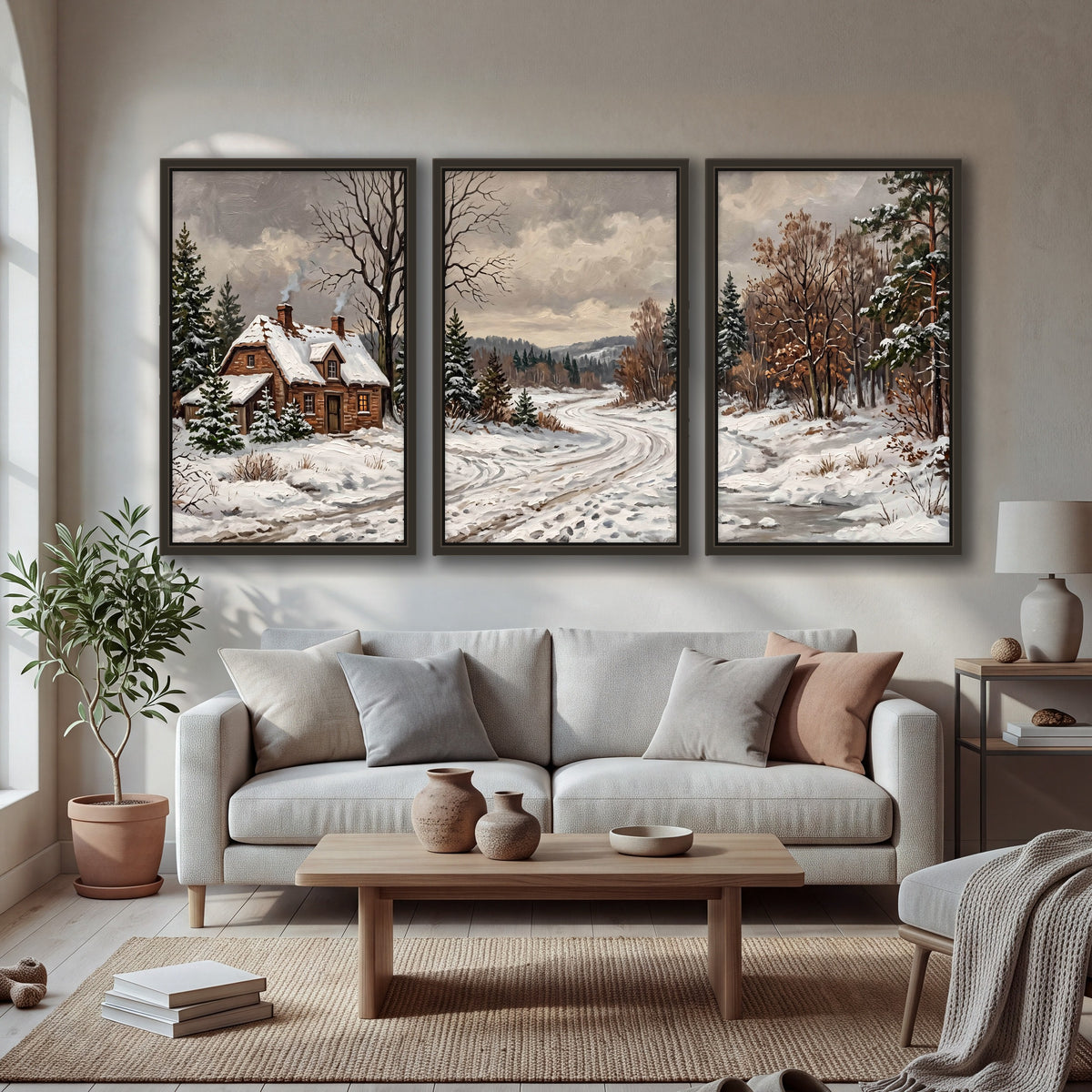 Snowy cottage winter landscape painting 3 piece framed canvas in a bright living room