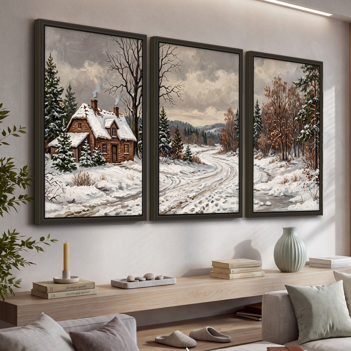 Snowy cottage winter landscape painting 3 piece framed canvas in a living room above a console