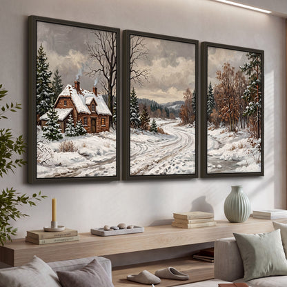 Snowy cottage winter landscape painting 3 piece framed canvas in a living room above a console