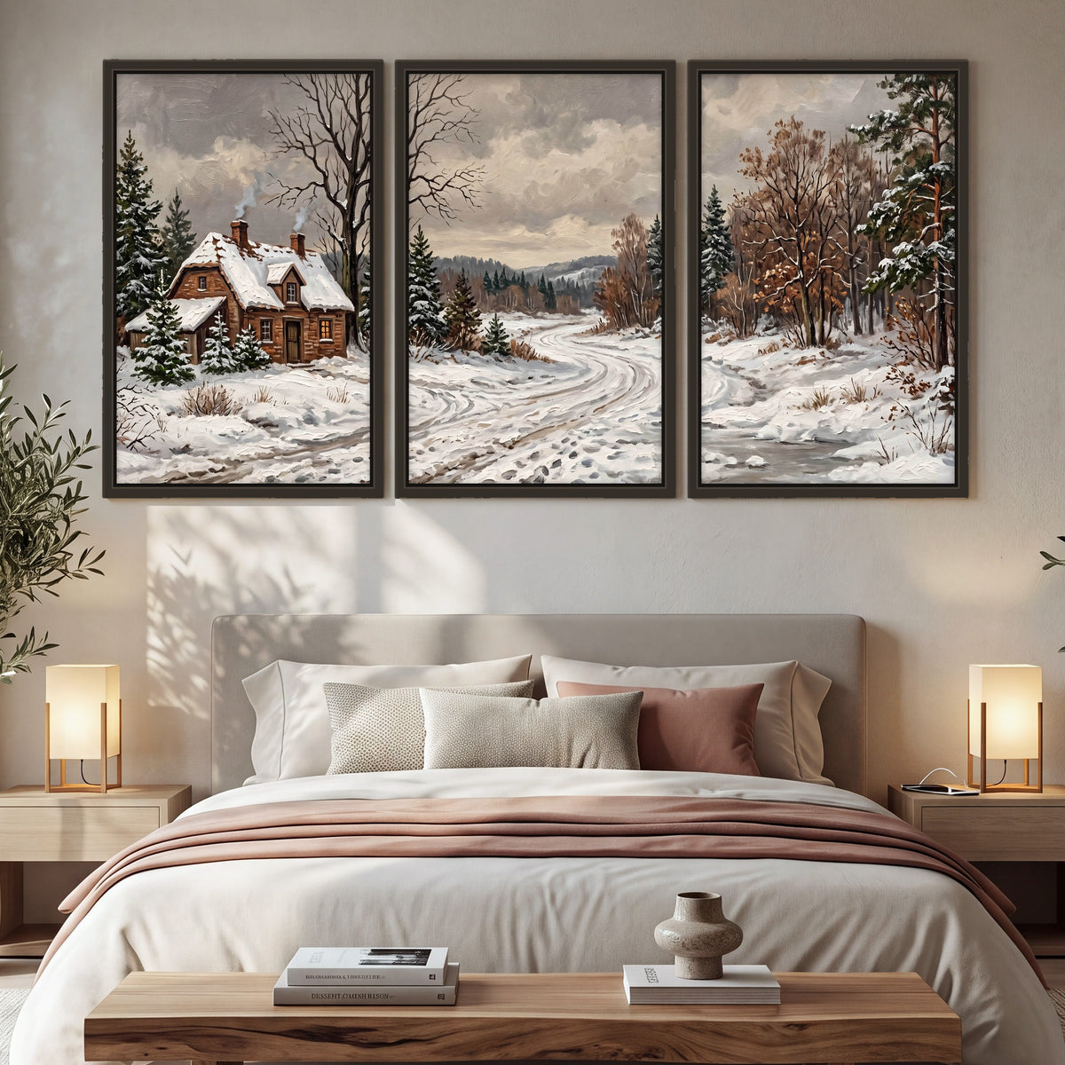 Snowy cottage winter landscape painting 3 piece framed canvas in a bedroom above the bed
