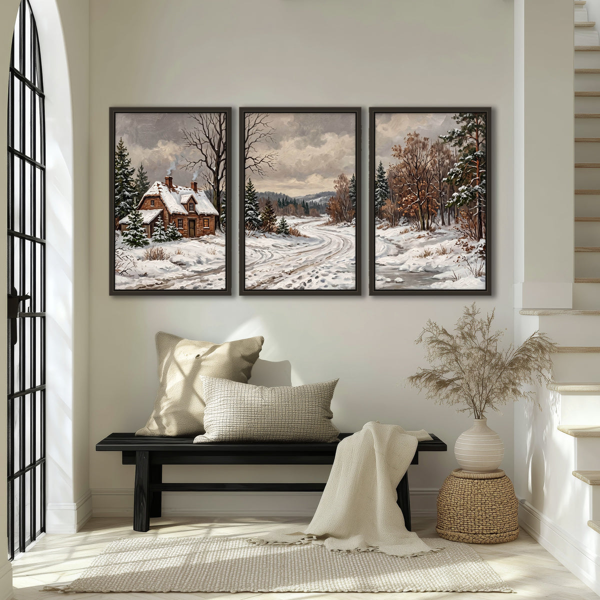 Snowy cottage winter landscape painting 3 piece framed canvas in an entryway above a bench