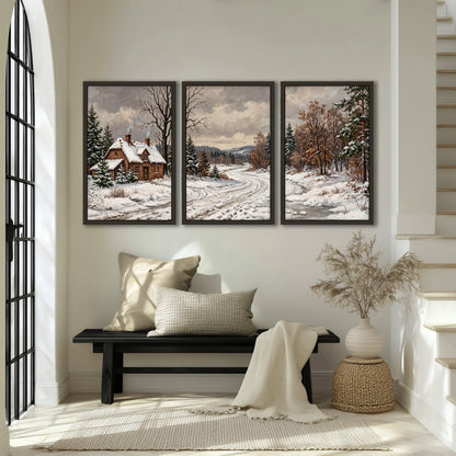 Snowy cottage winter landscape painting 3 piece framed canvas in an entryway above a bench