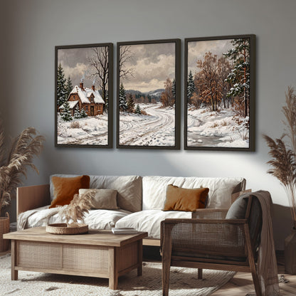 Snowy cottage winter landscape painting 3 piece framed canvas in a rustic living room