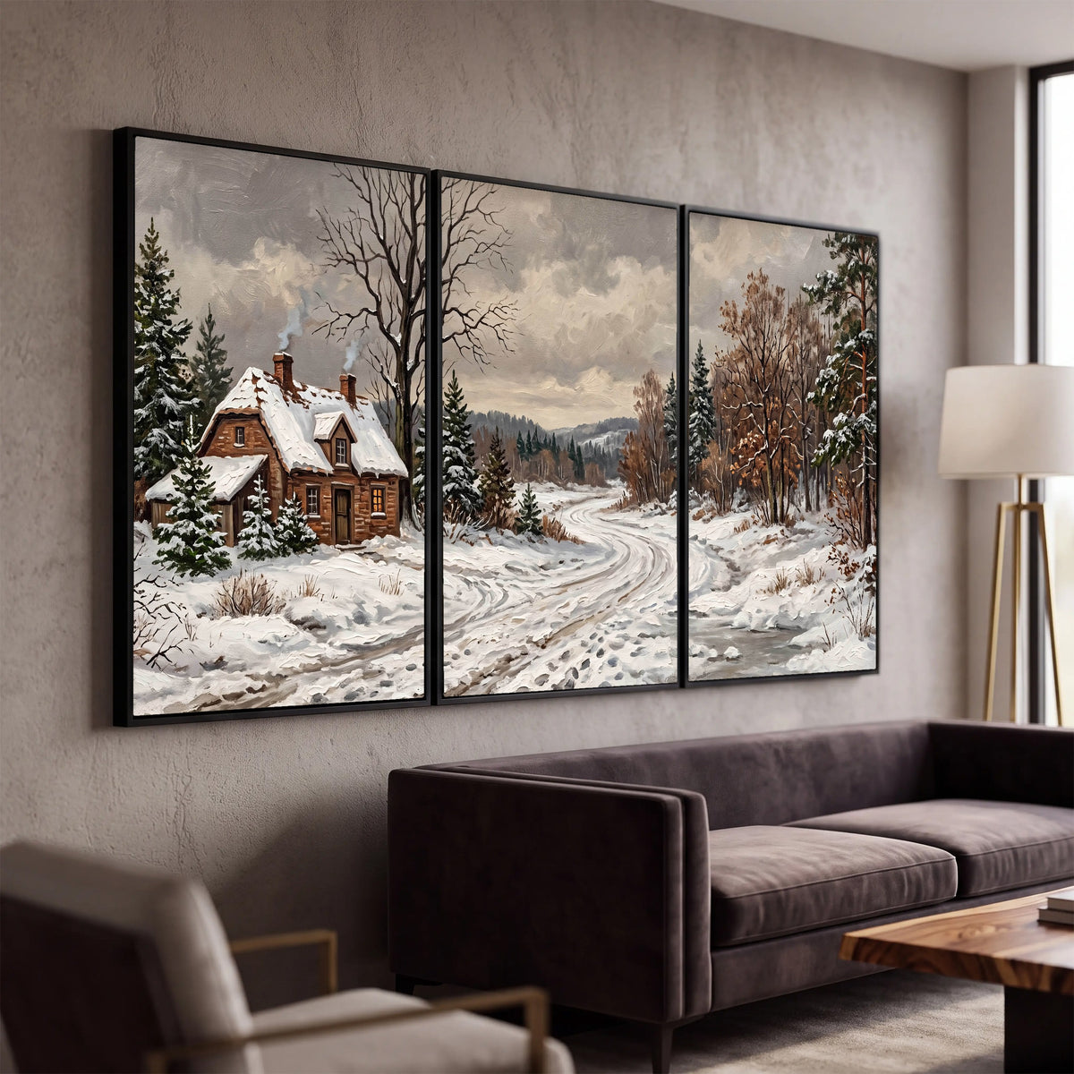 Snowy cottage winter landscape painting 3 piece framed canvas in a modern living room
