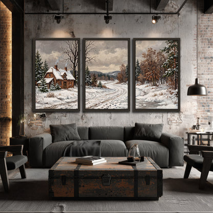 Snowy cottage winter landscape painting 3 piece framed canvas in an industrial loft