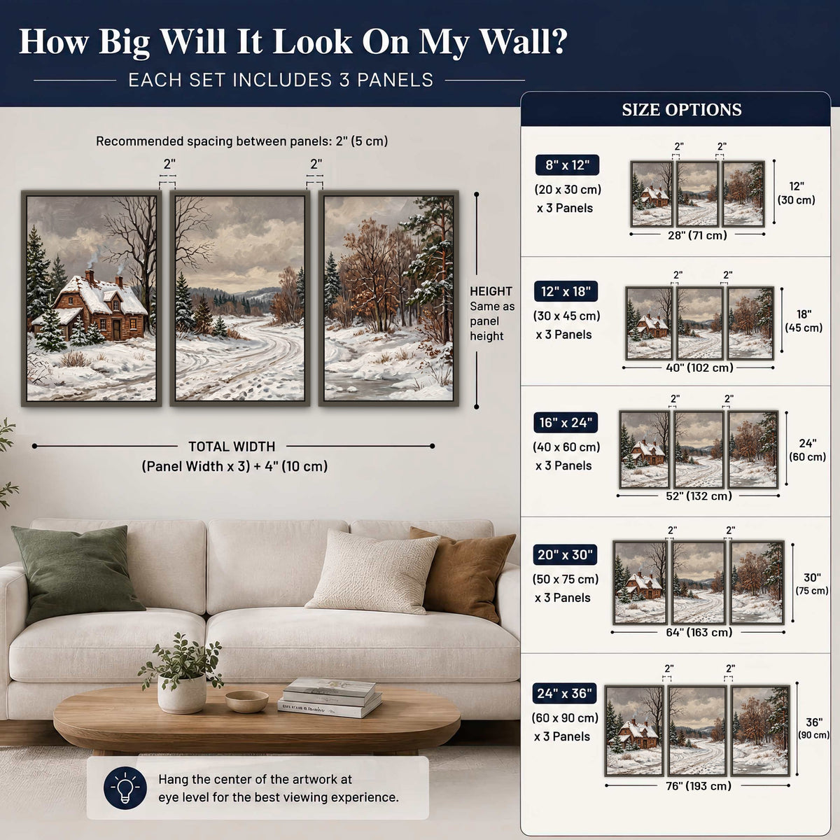 Snowy cottage winter landscape painting 3 piece framed canvas size guide above a sofa