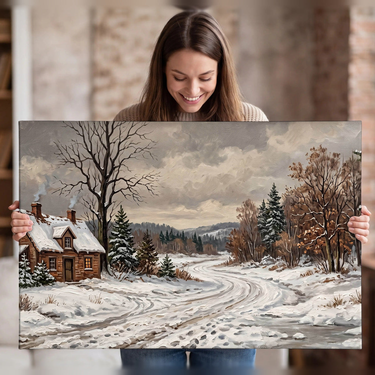Snowy cottage winter landscape painting canvas wall art held in hands