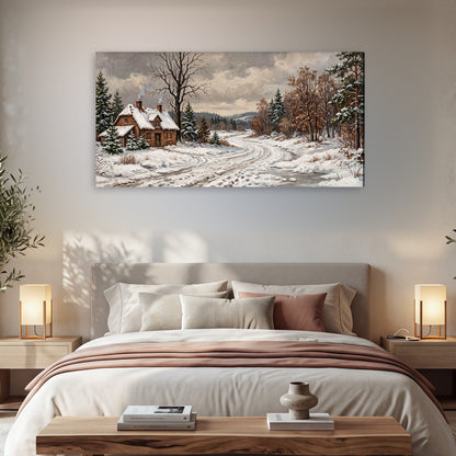 Snowy cottage winter landscape painting canvas wall art in a bedroom above the bed