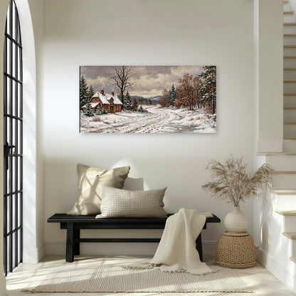 Snowy cottage winter landscape painting canvas wall art in an entryway above a bench