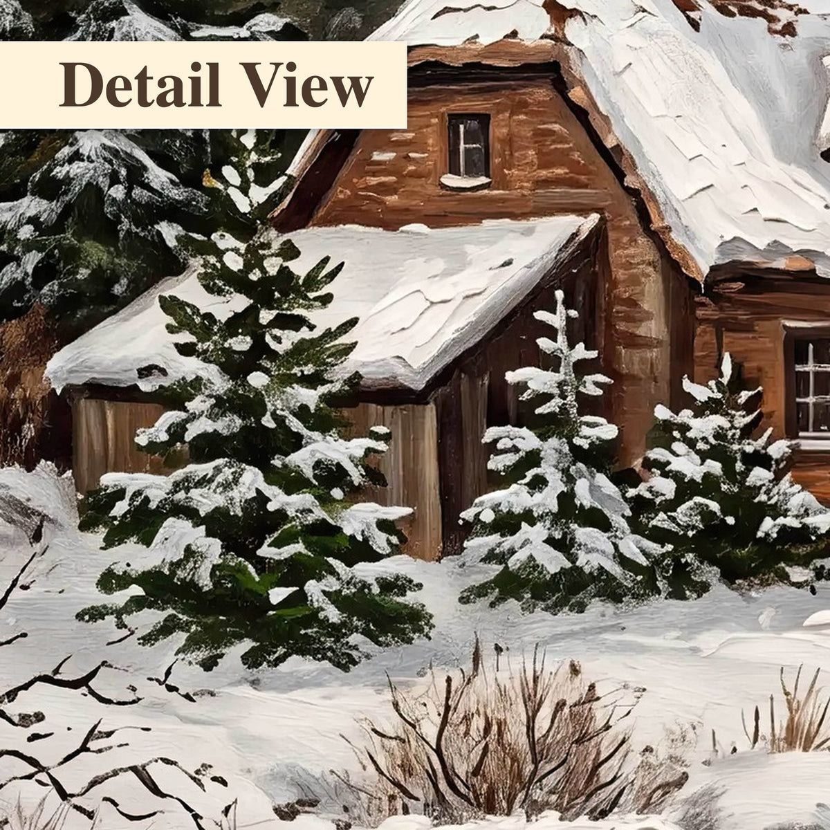 Snowy cottage winter landscape painting detail close-up