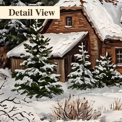 Snowy cottage winter landscape painting detail close-up