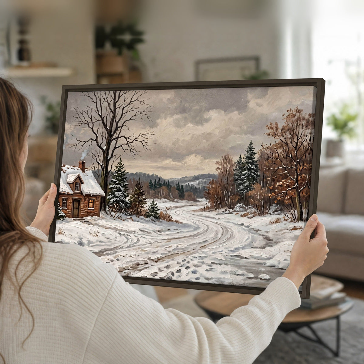 Snowy cottage winter landscape painting framed canvas held in hands