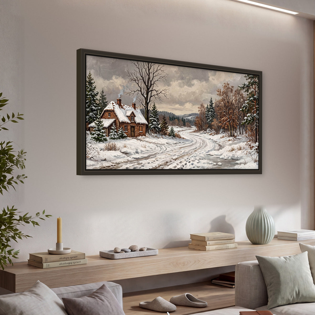 Snowy cottage winter landscape painting framed canvas wall art in a living room above a console
