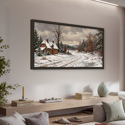 Snowy cottage winter landscape painting framed canvas wall art in a living room above a console