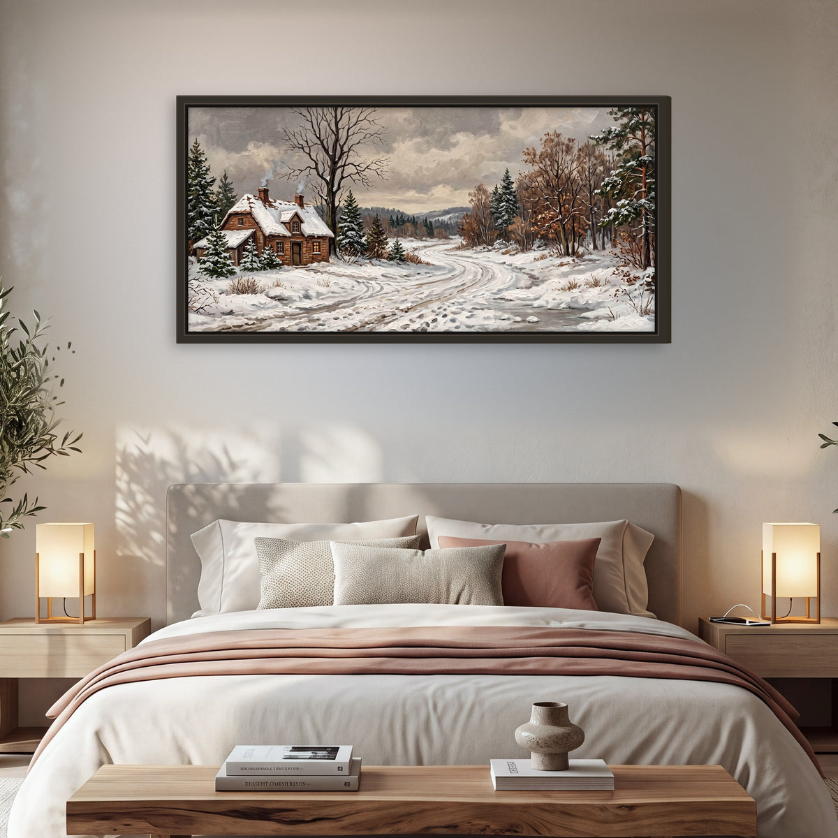 Snowy cottage winter landscape painting framed canvas wall art in a bedroom above the bed