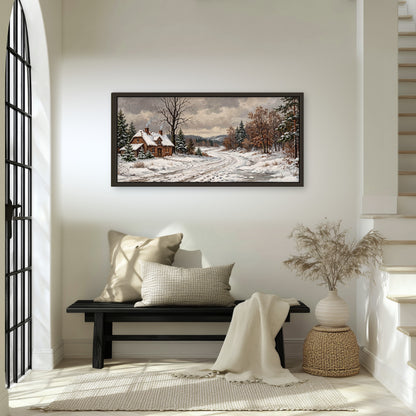 Snowy cottage winter landscape painting framed canvas wall art in an entryway above a bench