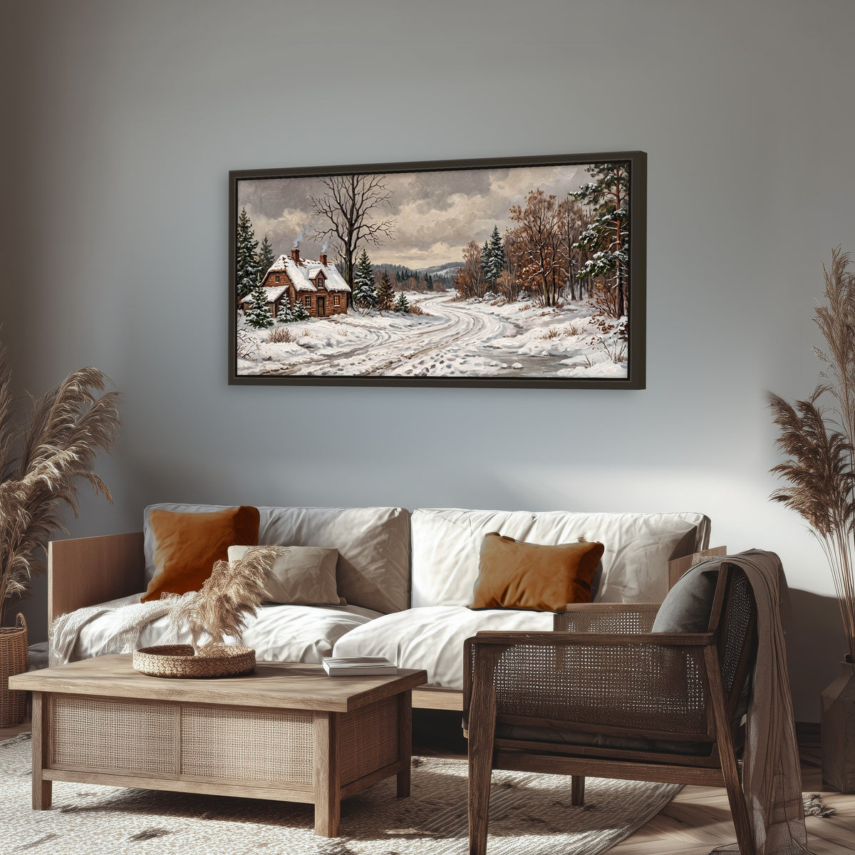 Snowy cottage winter landscape painting framed canvas wall art in a rustic living room