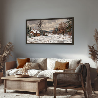 Snowy cottage winter landscape painting framed canvas wall art in a rustic living room