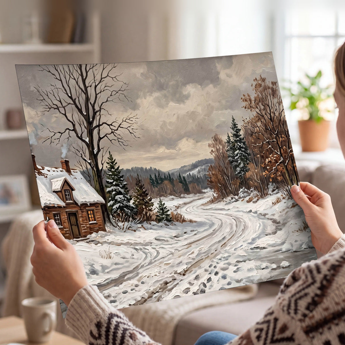 Snowy cottage winter landscape painting poster print held in hands