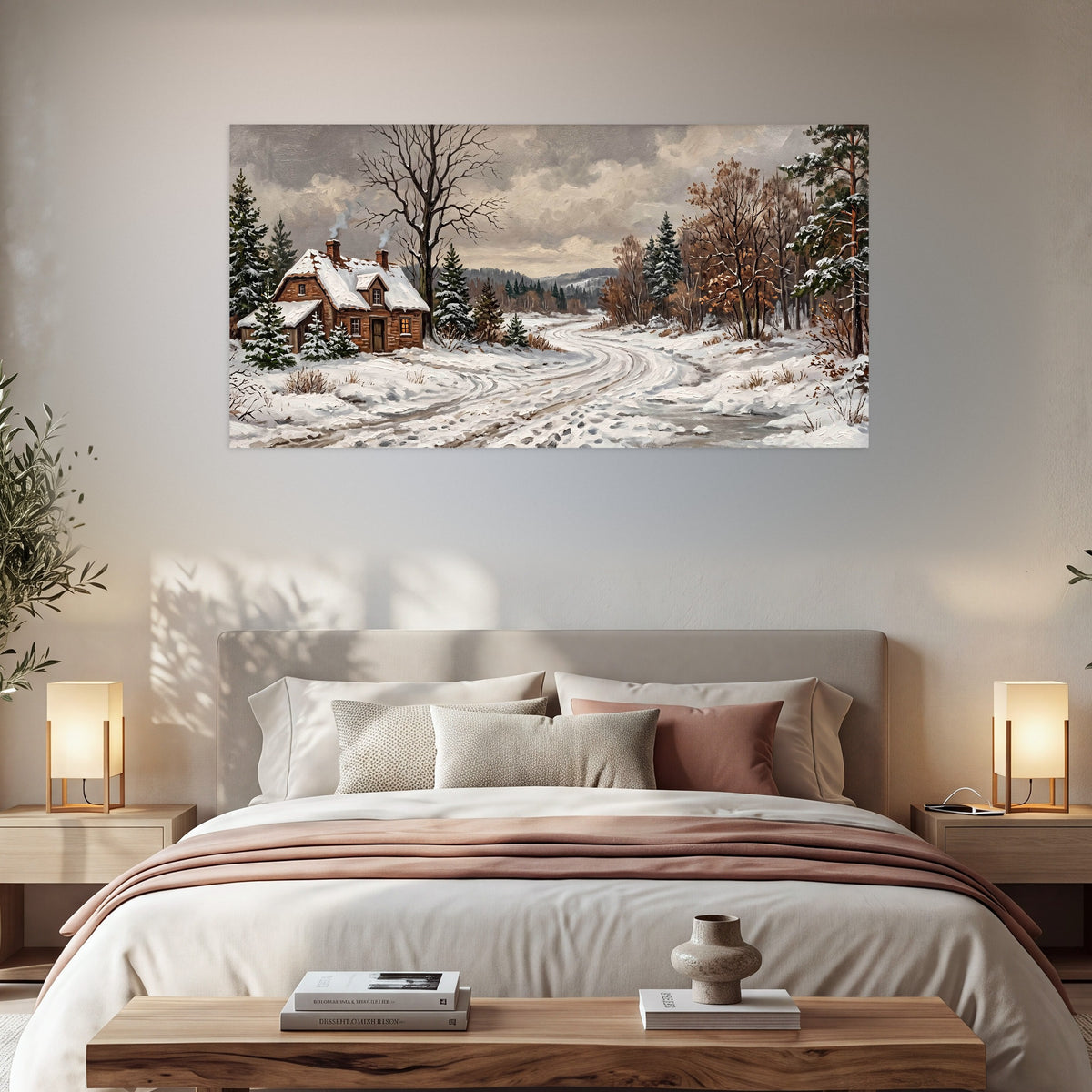 Snowy cottage winter landscape painting poster print in a bedroom above the bed