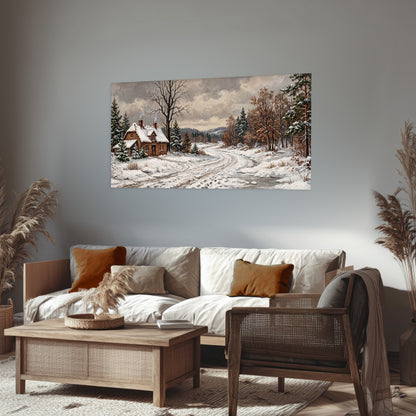 Snowy cottage winter landscape painting poster print in a rustic living room