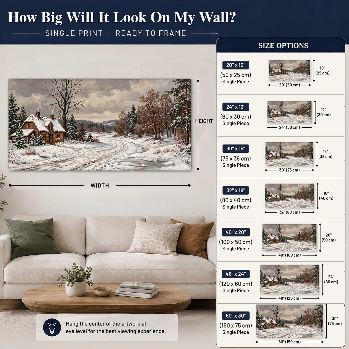 Snowy cottage winter landscape painting poster print size guide above a sofa