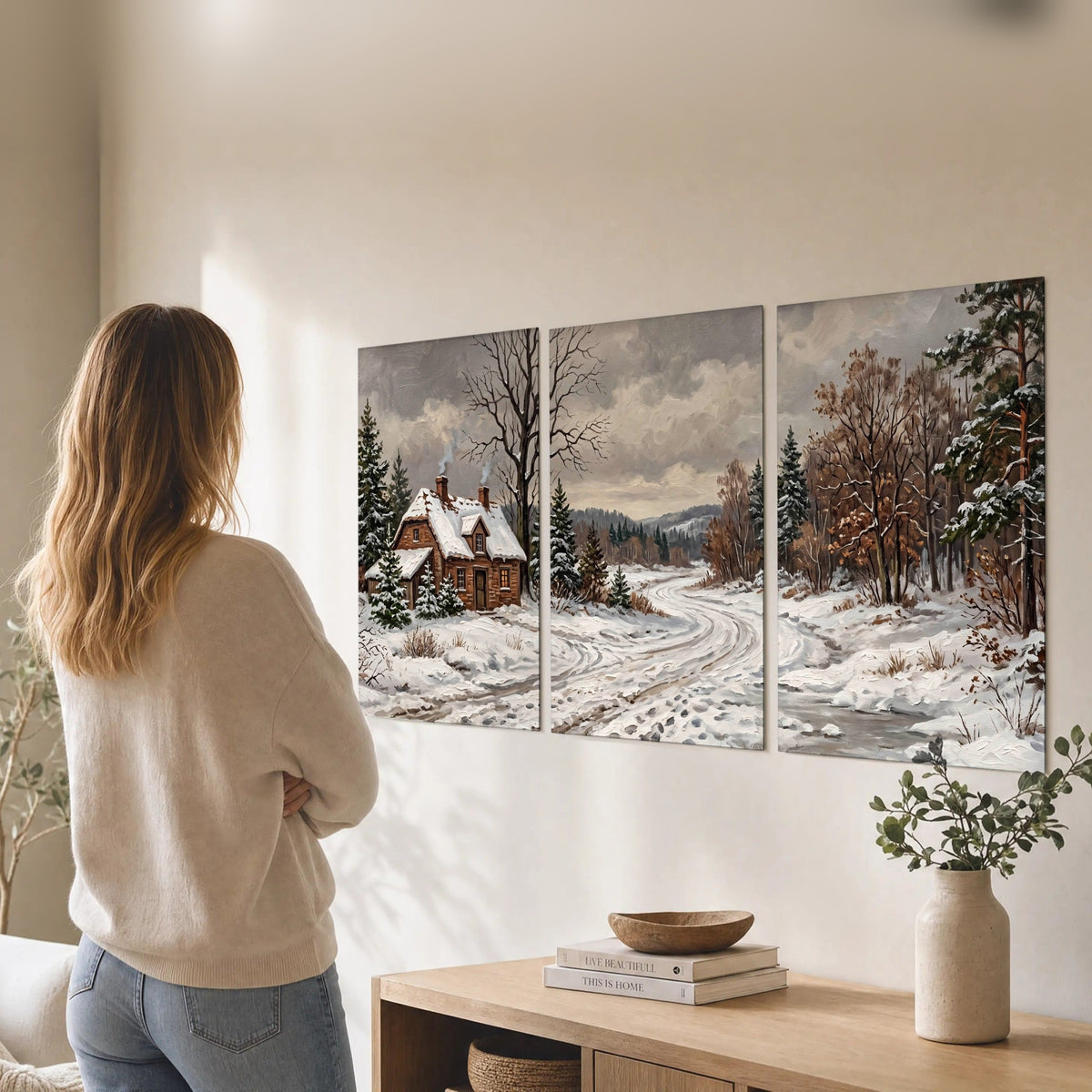 Snowy cottage winter landscape painting set of 3 poster prints in a living room
