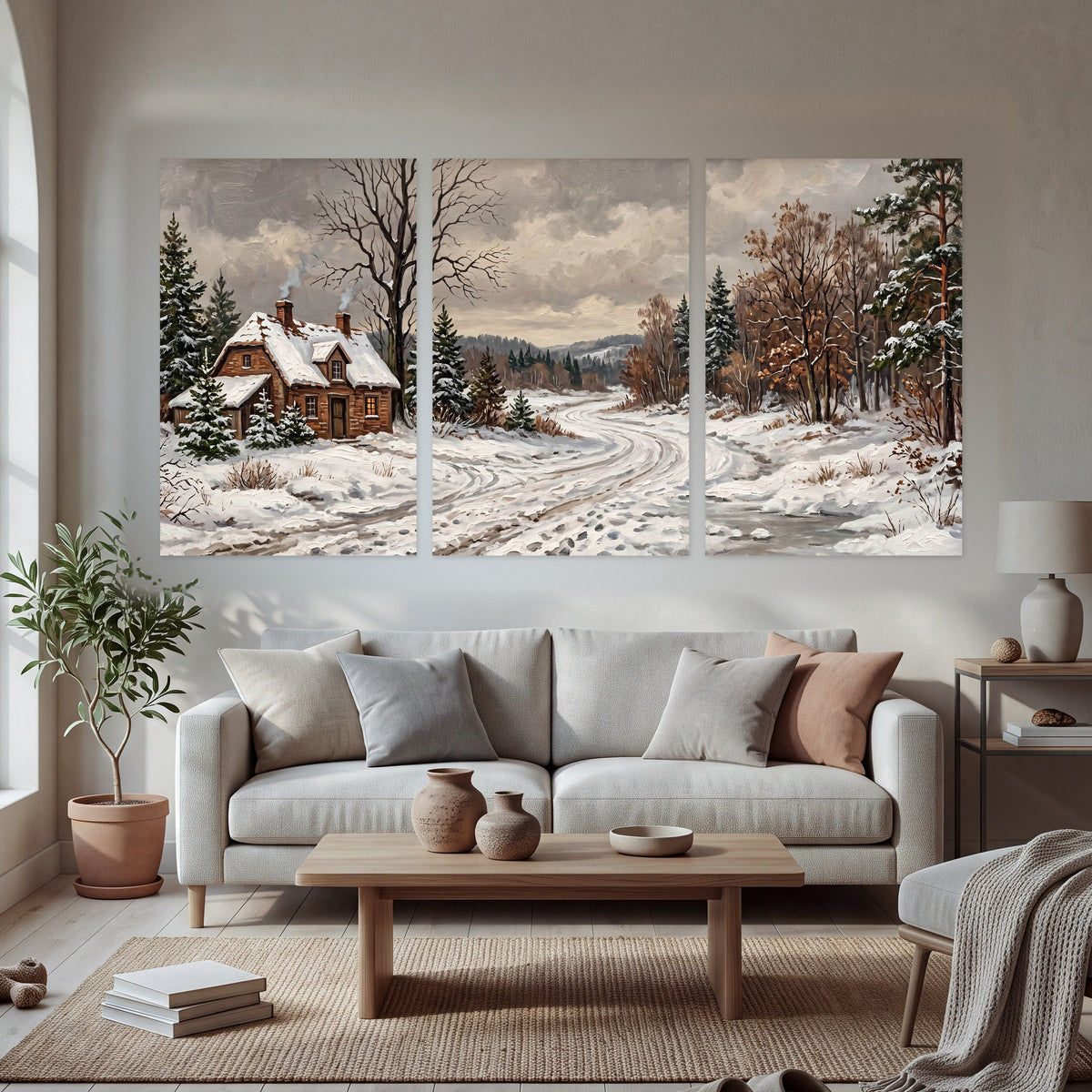 Snowy cottage winter landscape painting set of 3 poster prints in a bright living room
