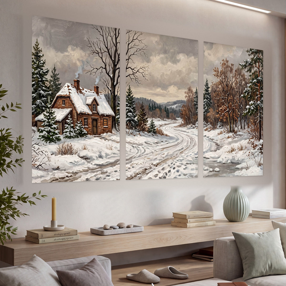 Snowy cottage winter landscape painting set of 3 poster prints in a living room above a console