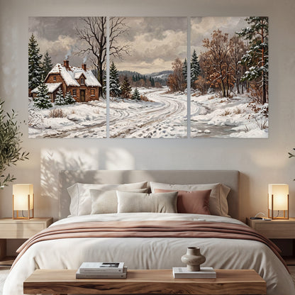 Snowy cottage winter landscape painting set of 3 poster prints in a bedroom above the bed