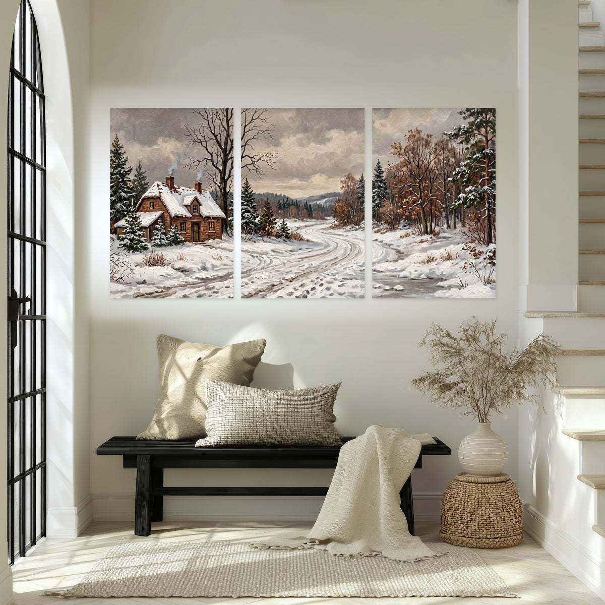 Snowy cottage winter landscape painting set of 3 poster prints in an entryway above a bench