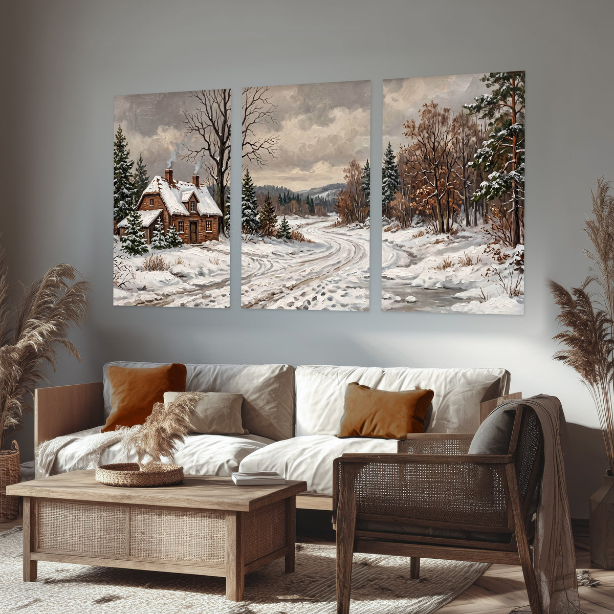 Snowy cottage winter landscape painting set of 3 poster prints in a rustic living room