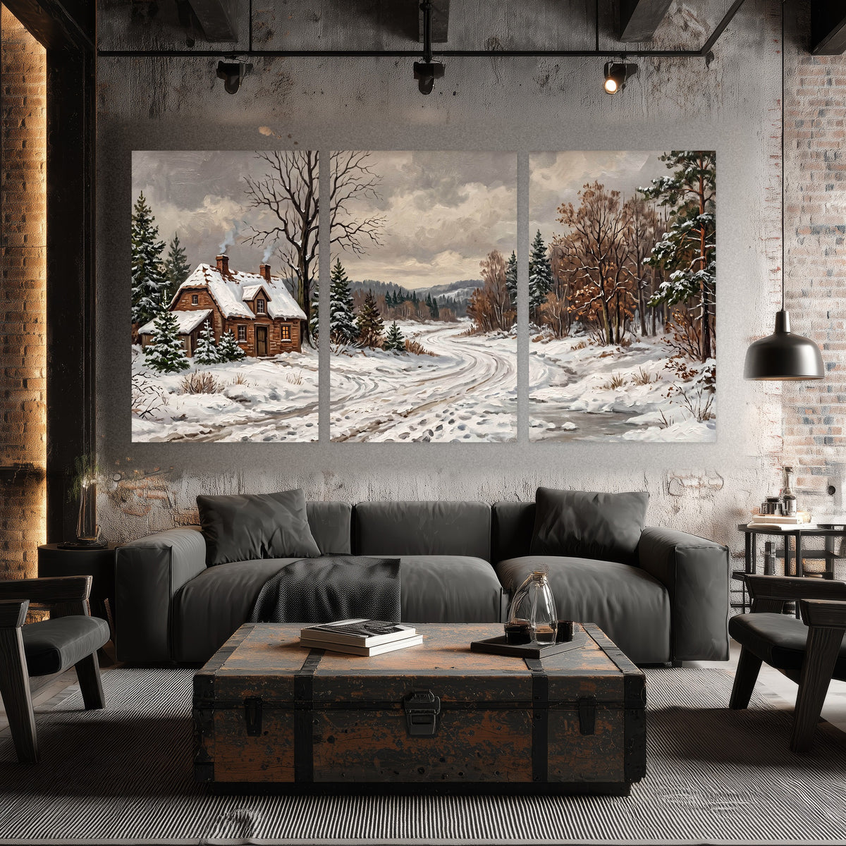 Snowy cottage winter landscape painting set of 3 poster prints in an industrial loft