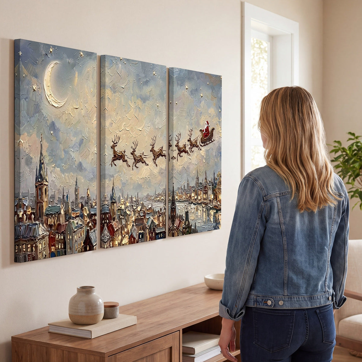Santa sleigh over city painting 3 piece canvas wall art in a living room