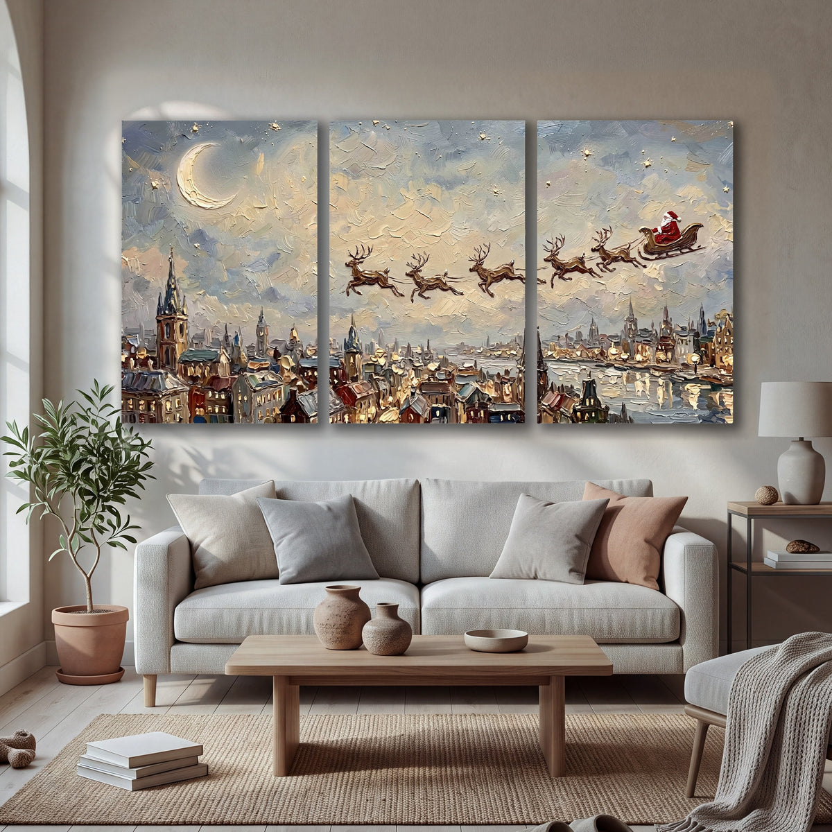 Santa sleigh over city painting 3 piece canvas wall art in a bright living room