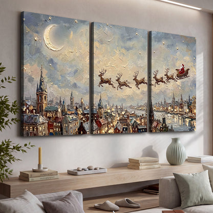 Santa sleigh over city painting 3 piece canvas wall art in a living room above a console