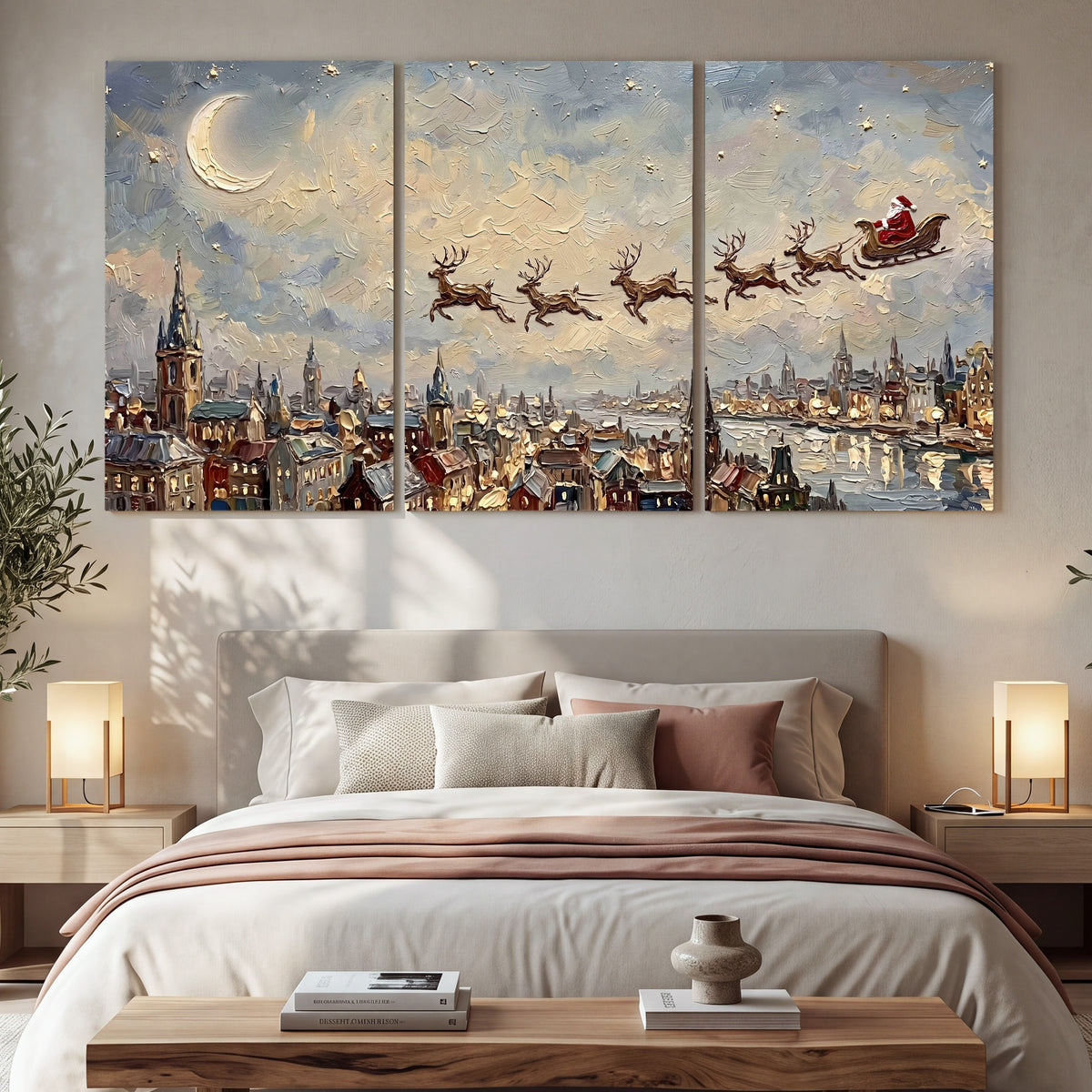 Santa sleigh over city painting 3 piece canvas wall art in a bedroom above the bed