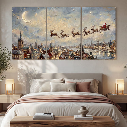 Santa sleigh over city painting 3 piece canvas wall art in a bedroom above the bed