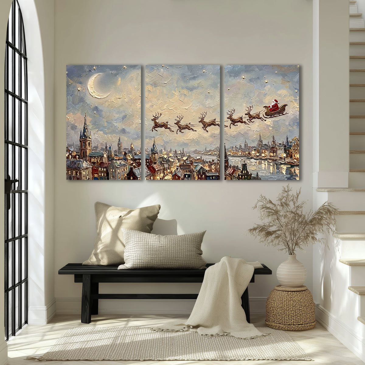 Santa sleigh over city painting 3 piece canvas wall art in an entryway above a bench