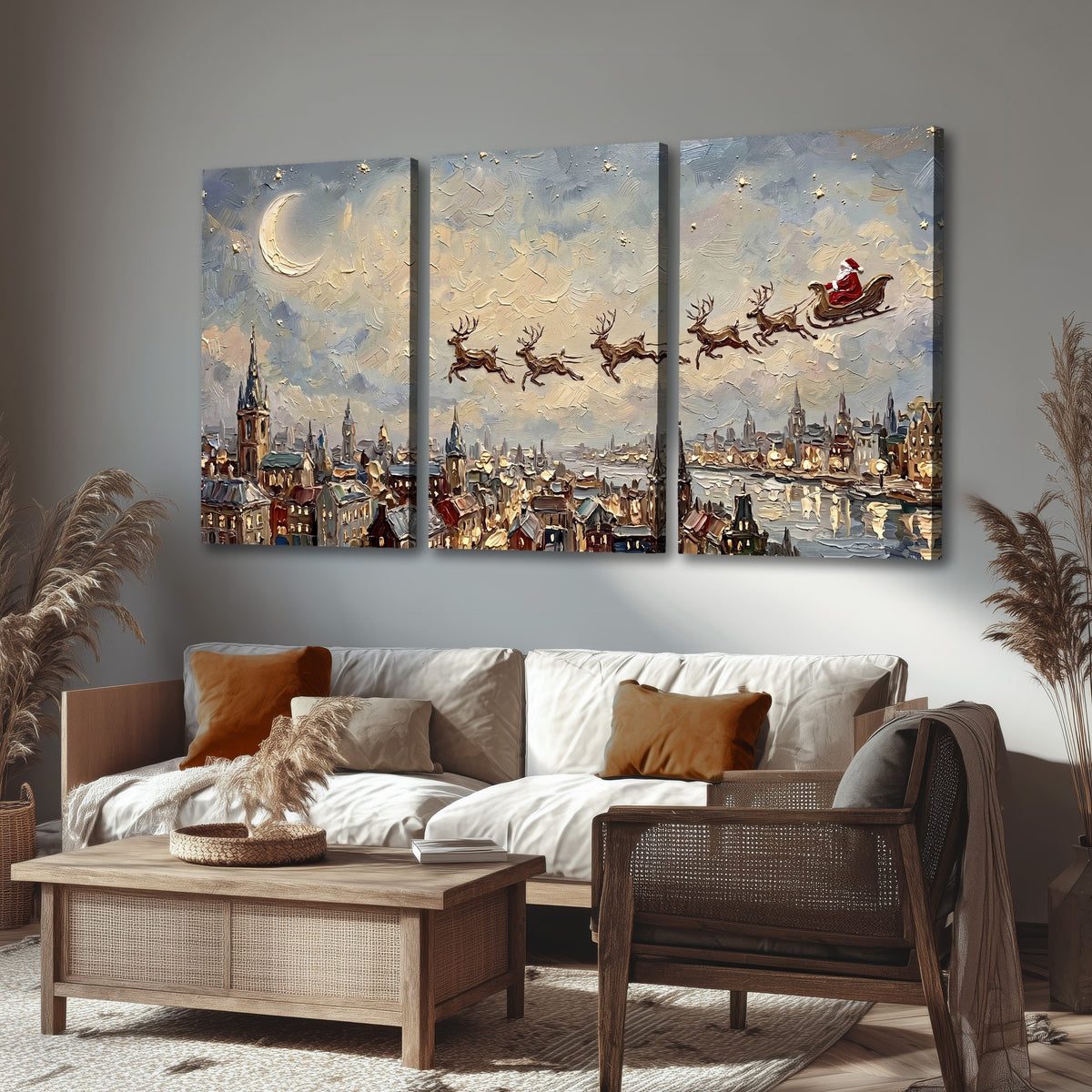 Santa sleigh over city painting 3 piece canvas wall art in a rustic living room