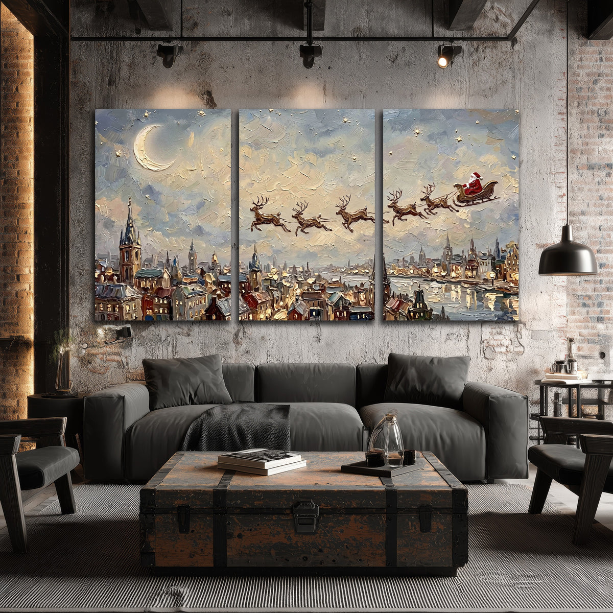 Santa sleigh over city painting 3 piece canvas wall art in an industrial loft