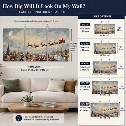 Santa sleigh over city painting 3 piece canvas wall art size guide above a sofa
