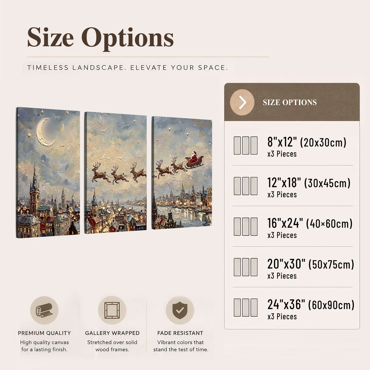 Santa sleigh over city painting 3 piece canvas wall art size options