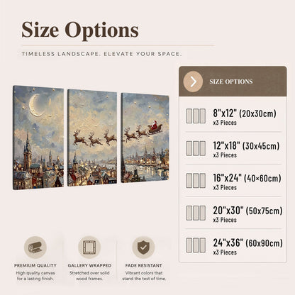 Santa sleigh over city painting 3 piece canvas wall art size options