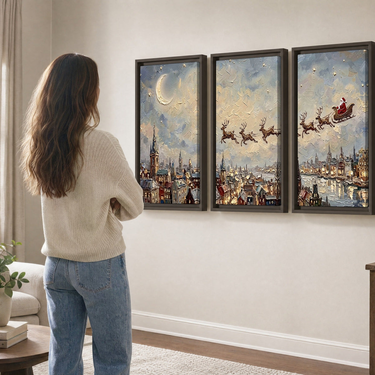 Santa sleigh over city painting 3 piece framed canvas in a living room