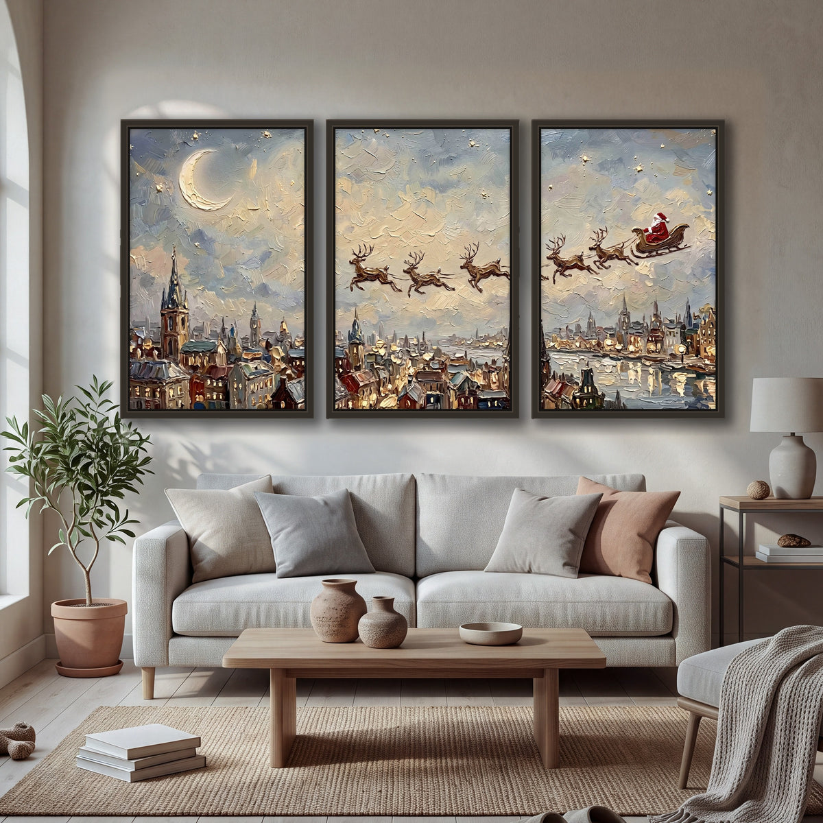 Santa sleigh over city painting 3 piece framed canvas in a bright living room