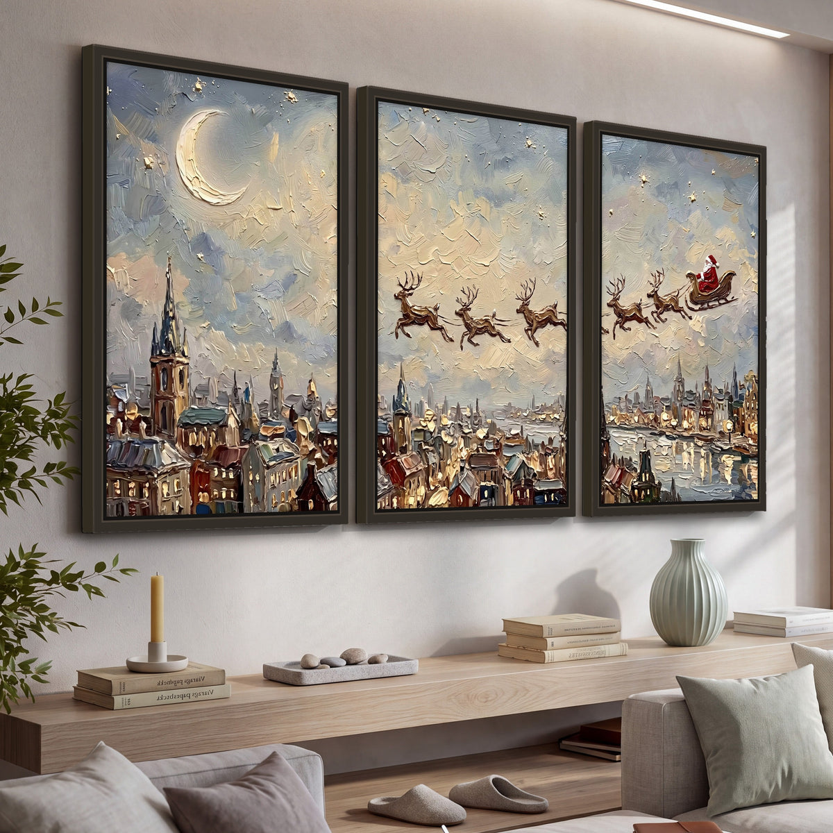 Santa sleigh over city painting 3 piece framed canvas in a living room above a console